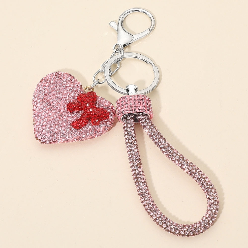 Pink Rhinestone Heart Bling Studded Bag Charm Keychain Ribbon Bow Wrist Strap
